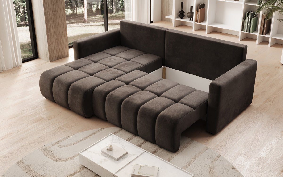 Designer sofa Beatrice L with sleeping and folding function in velvet