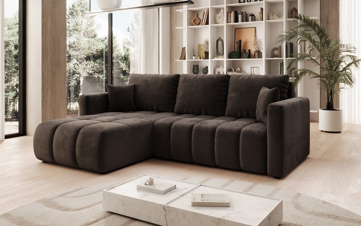 Designer sofa Beatrice L with sleeping and folding function in velvet