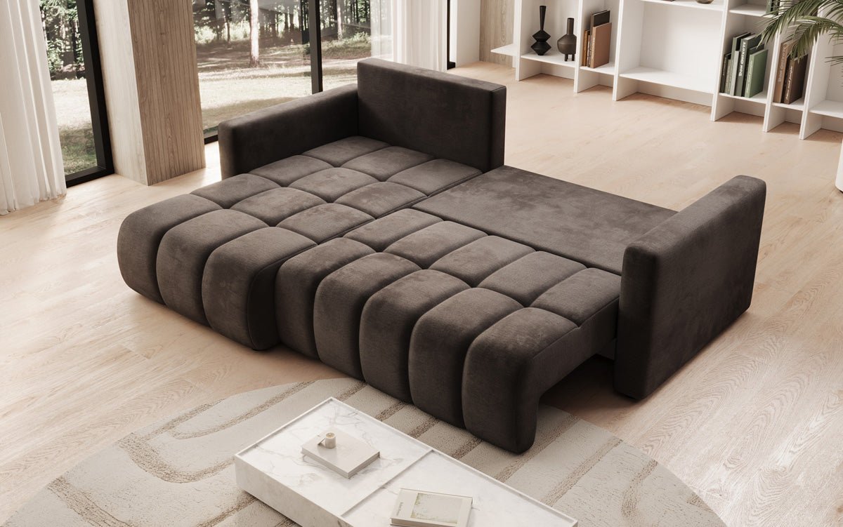 Designer sofa Beatrice L with sleeping and folding function in velvet