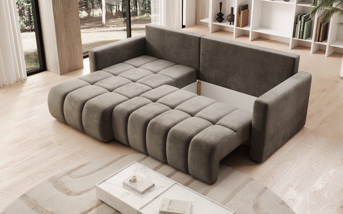 Designer sofa Beatrice L with sleeping and folding function in velvet