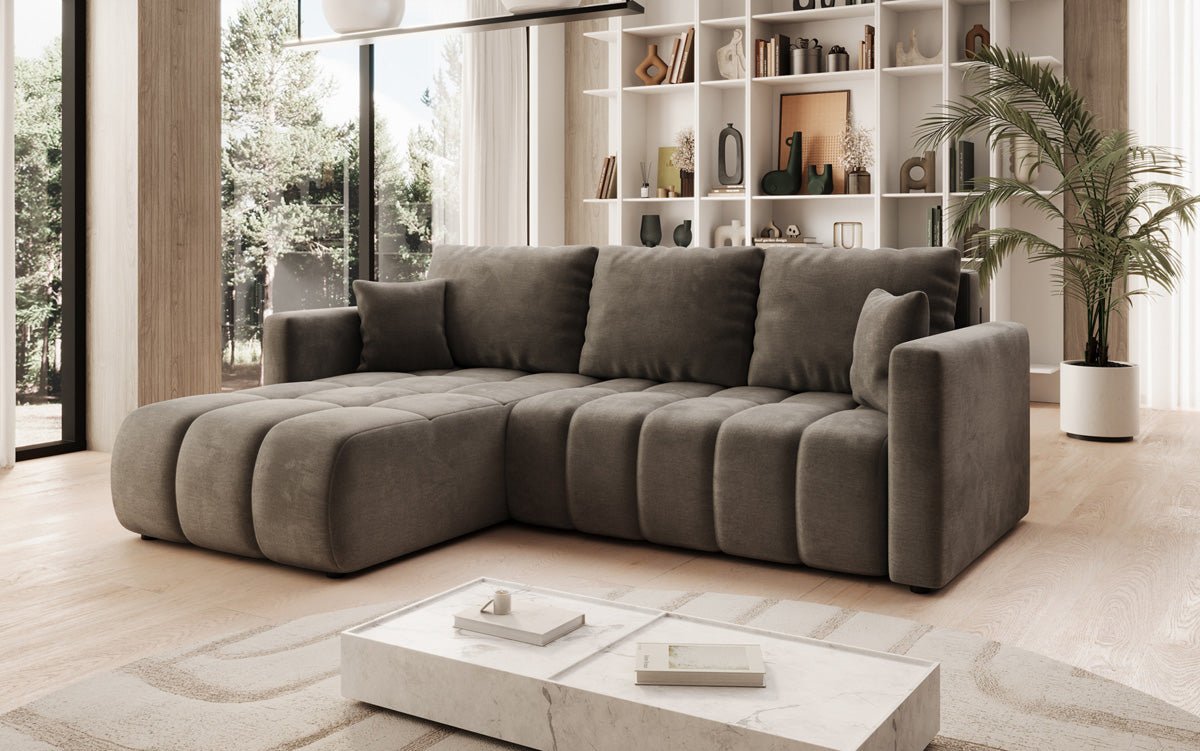 Designer sofa Beatrice L with sleeping and folding function in velvet
