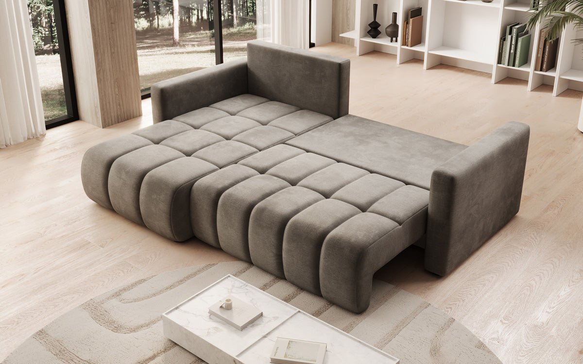 Designer sofa Beatrice L with sleeping and folding function in velvet