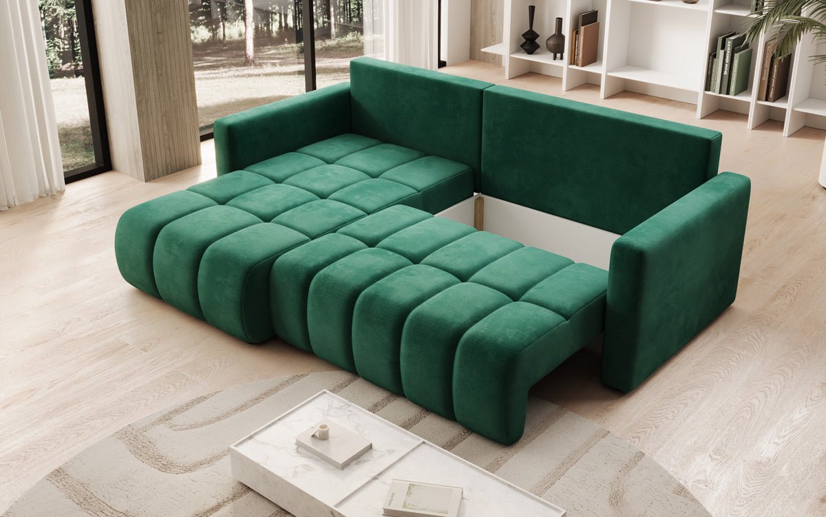 Designer sofa Beatrice L with sleeping and folding function in velvet