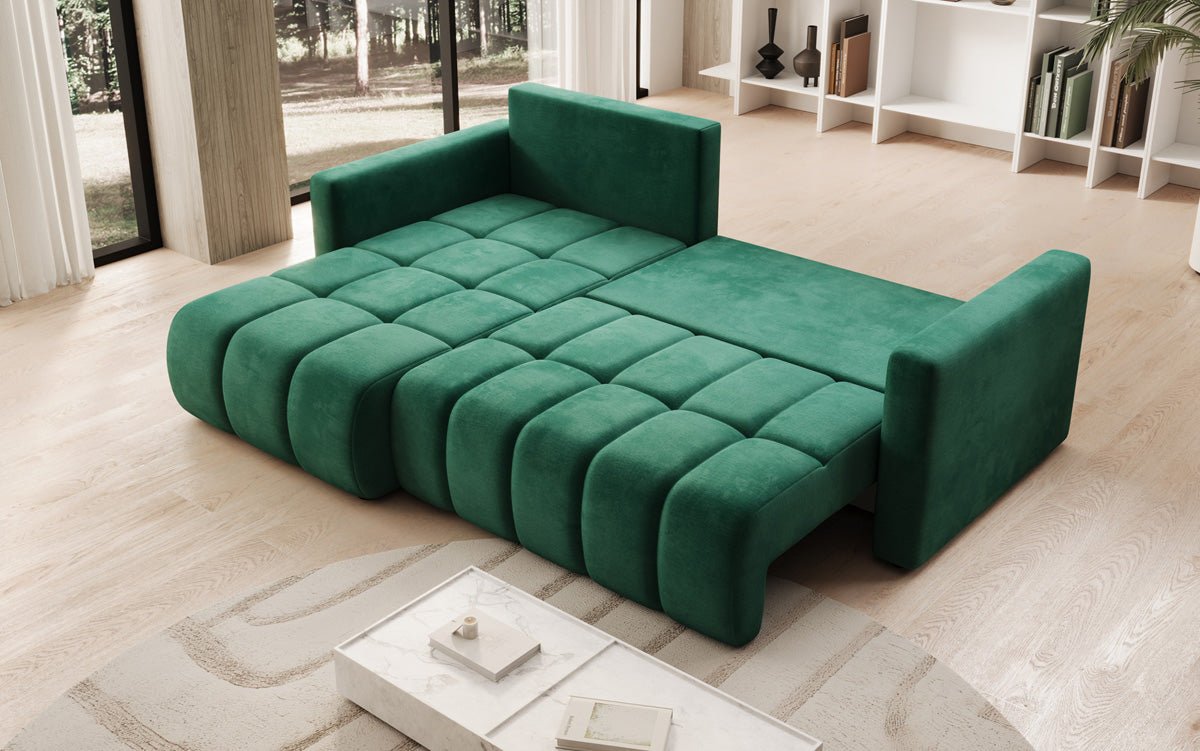 Designer sofa Beatrice L with sleeping and folding function in velvet