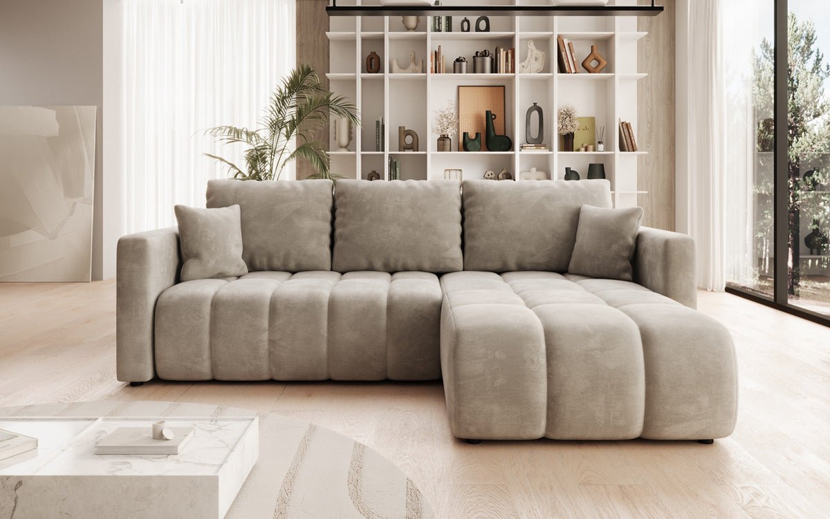 Designer sofa Beatrice L with sleeping and folding function in velvet