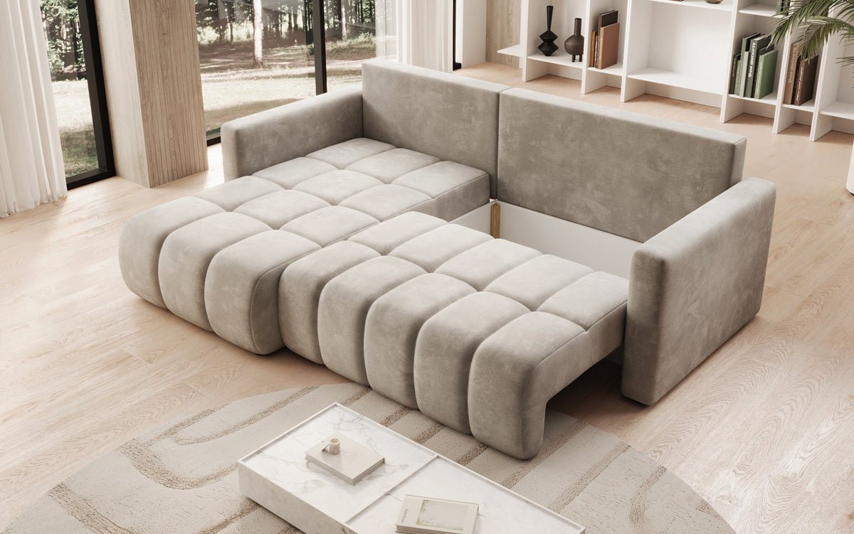 Designer sofa Beatrice L with sleeping and folding function in velvet
