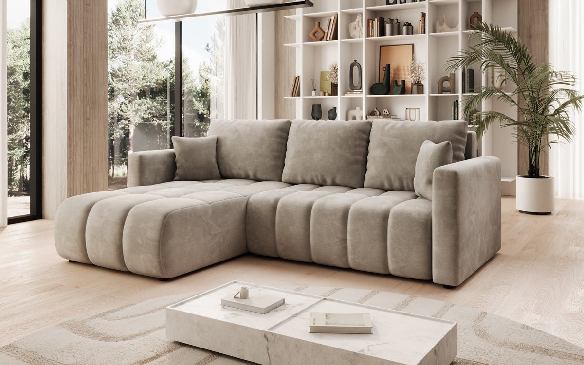 Designer sofa Beatrice L with sleeping and folding function in velvet