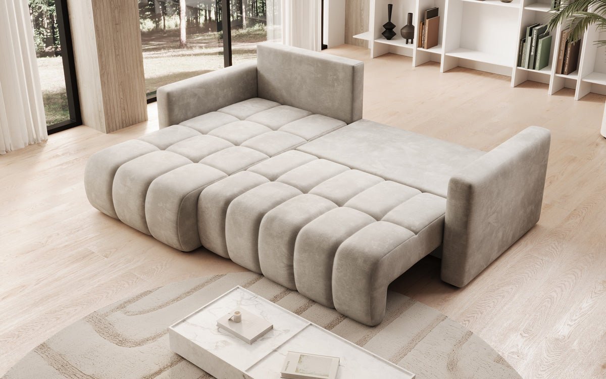 Designer sofa Beatrice L with sleeping and folding function in velvet