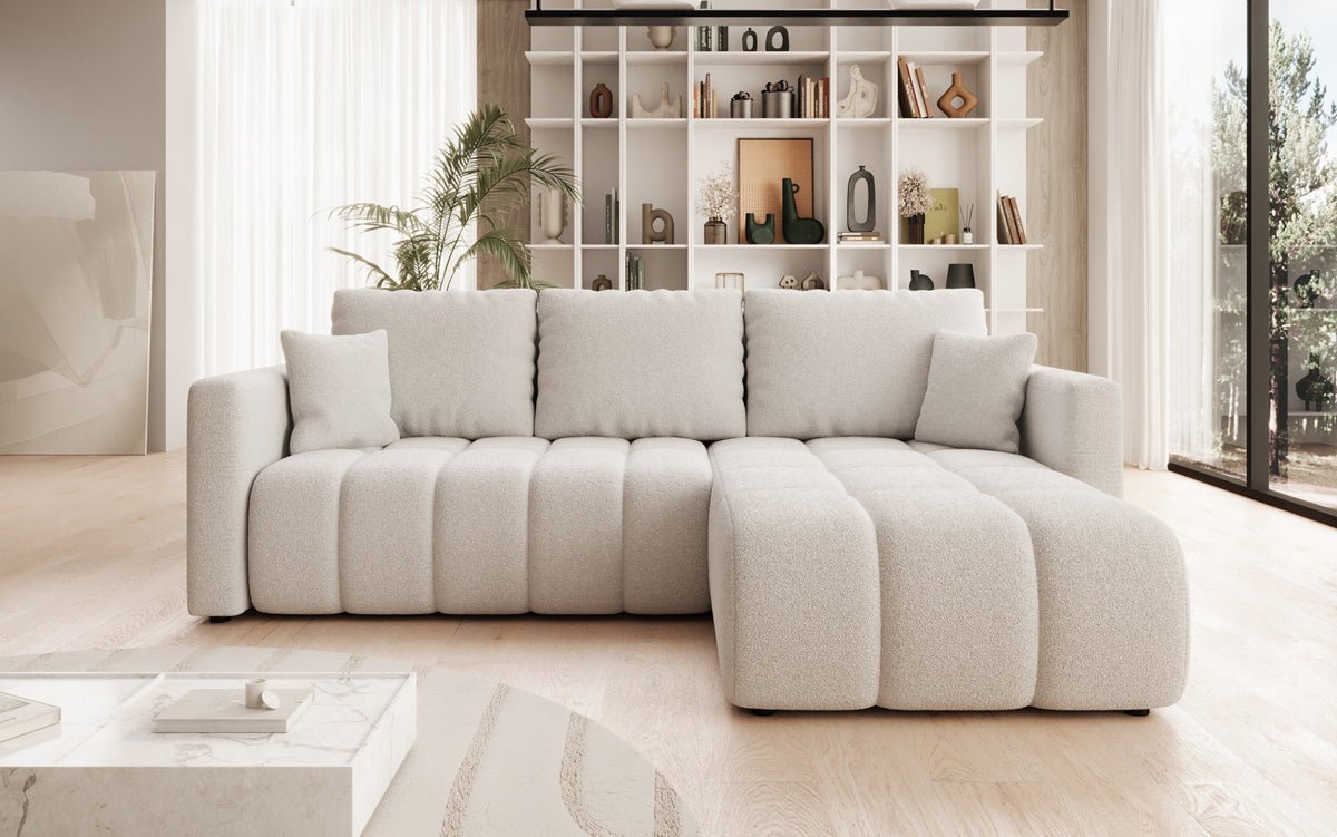 Designer sofa Beatrice L with sleeping and folding function in bouclé