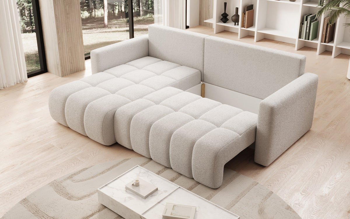 Designer sofa Beatrice L with sleeping and folding function in bouclé