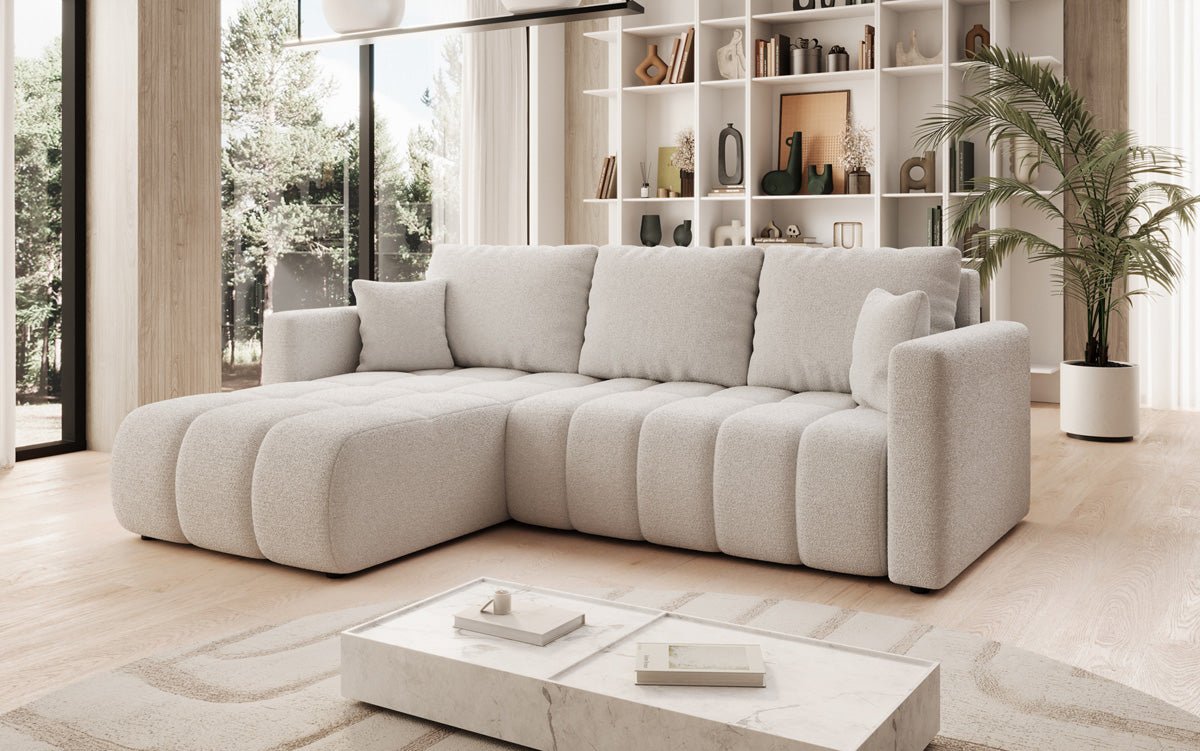 Designer sofa Beatrice L with sleeping and folding function in bouclé