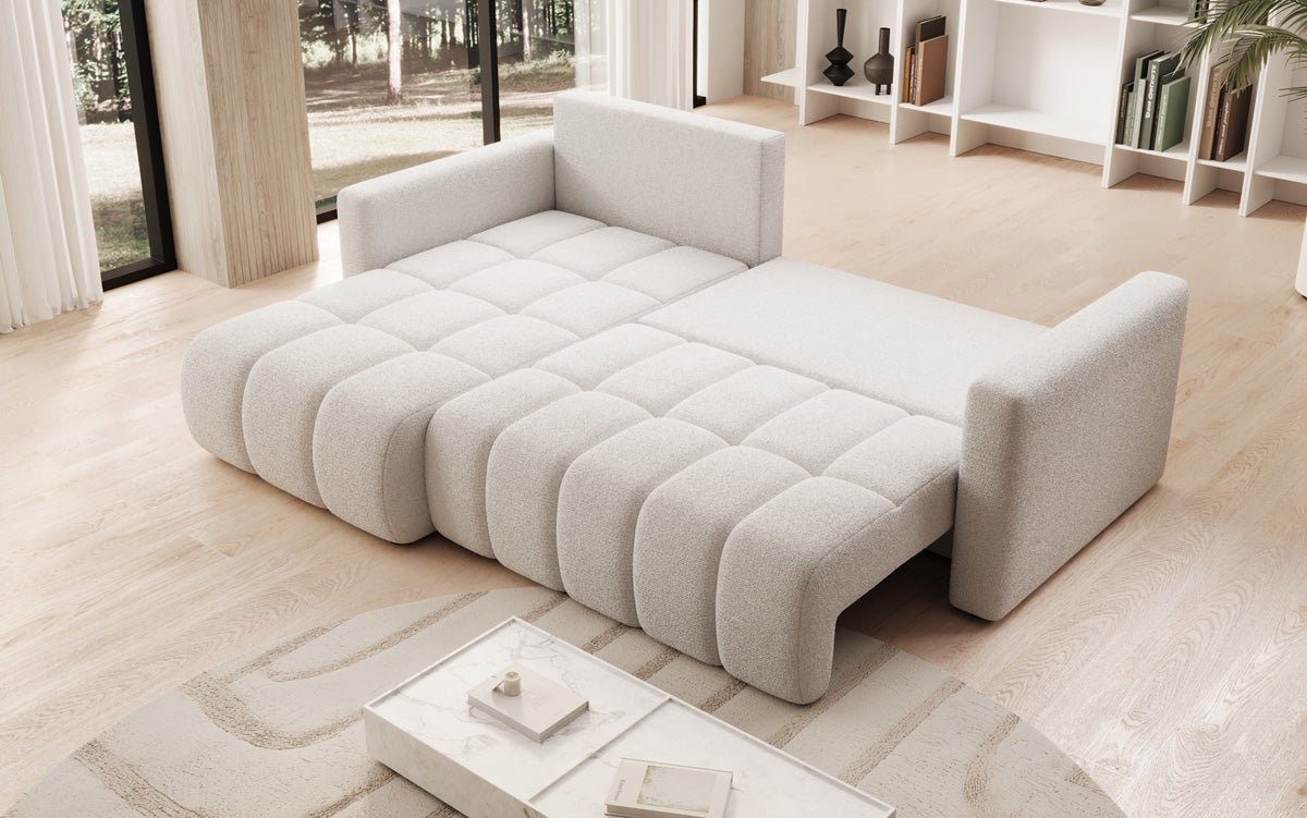 Designer sofa Beatrice L with sleeping and folding function in bouclé