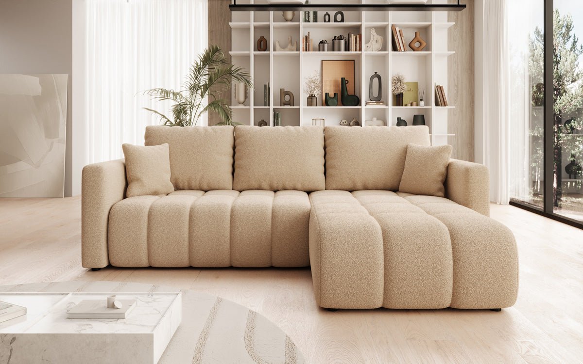 Designer sofa Beatrice L with sleeping and folding function in bouclé