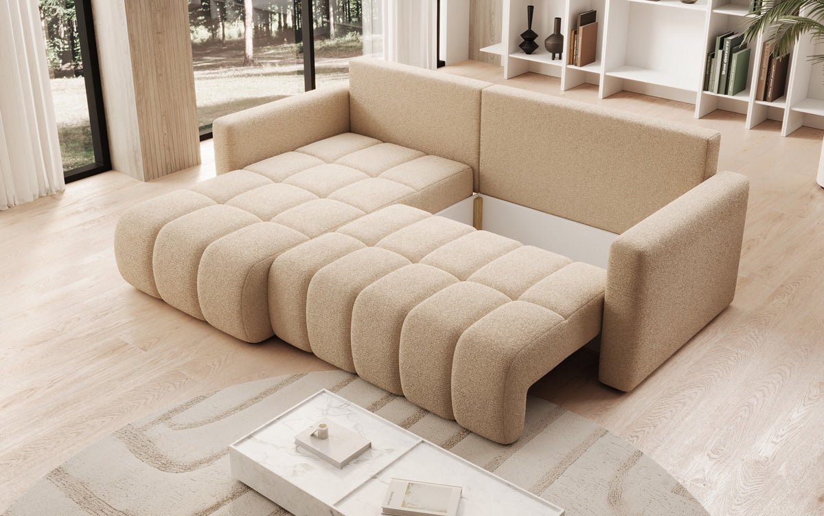 Designer sofa Beatrice L with sleeping and folding function in bouclé