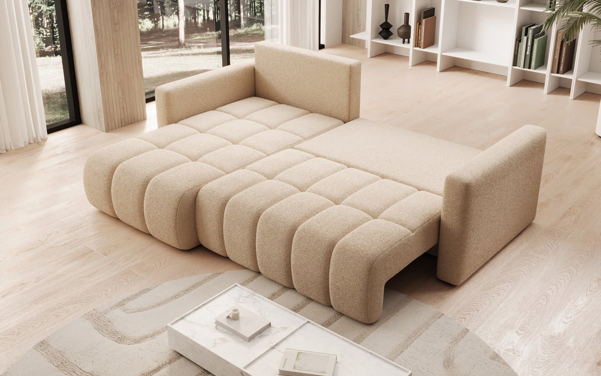 Designer sofa Beatrice L with sleeping and folding function in bouclé