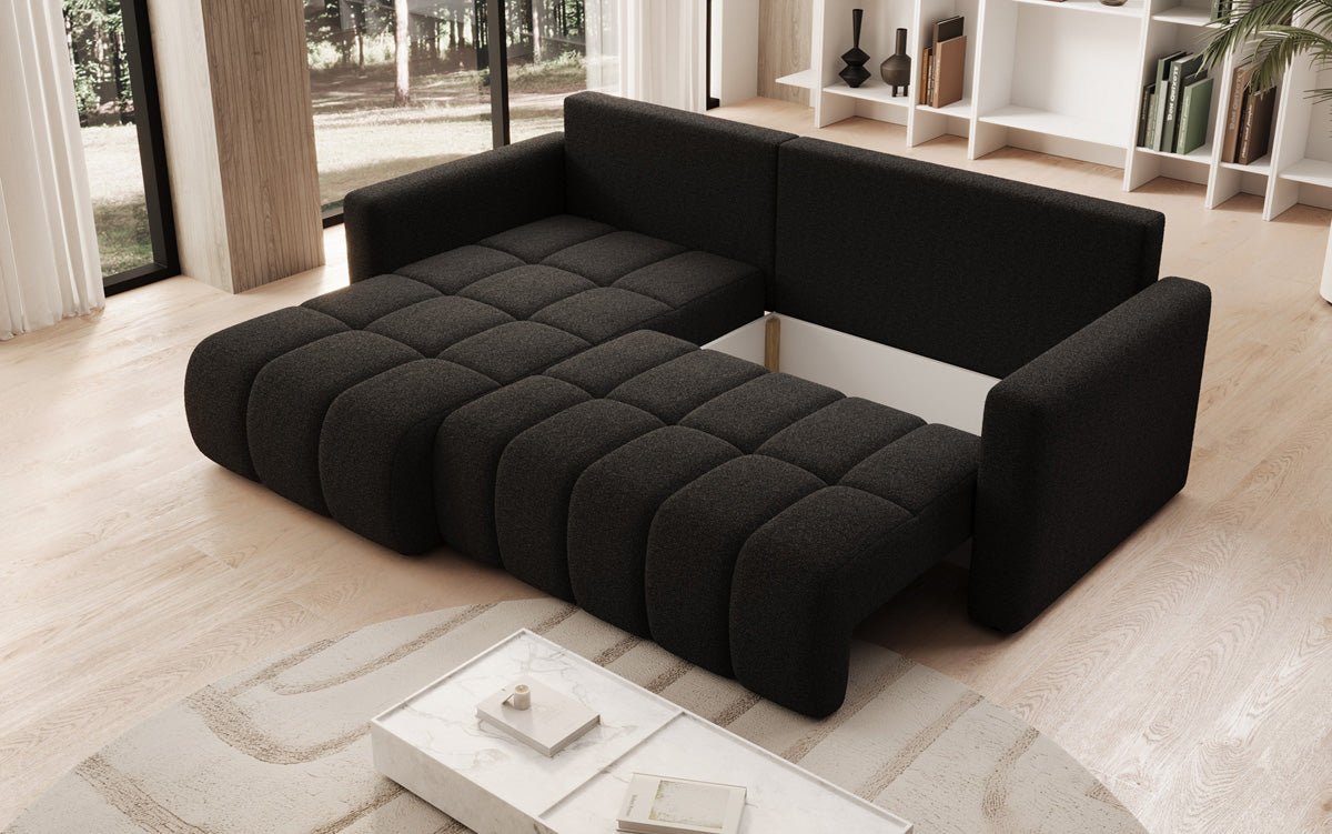 Designer sofa Beatrice L with sleeping and folding function in bouclé