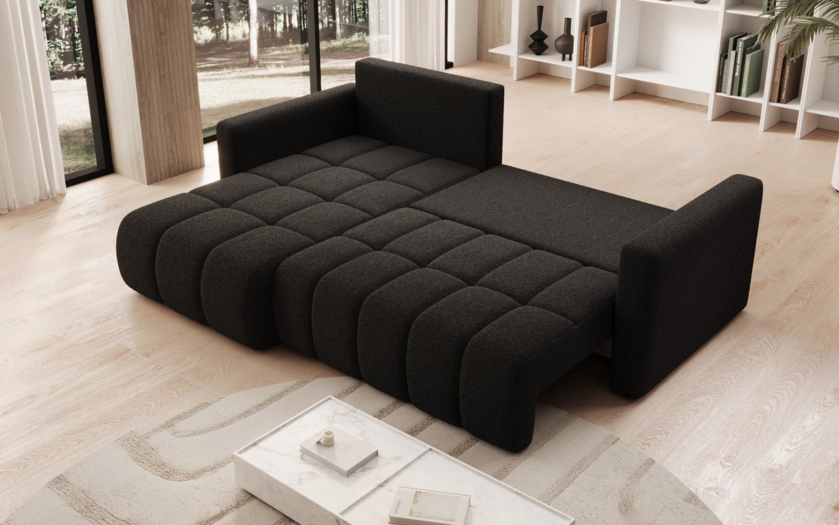Designer sofa Beatrice L with sleeping and folding function in bouclé