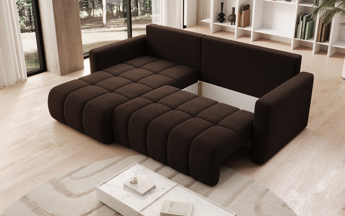 Designer sofa Beatrice L with sleeping and folding function in bouclé