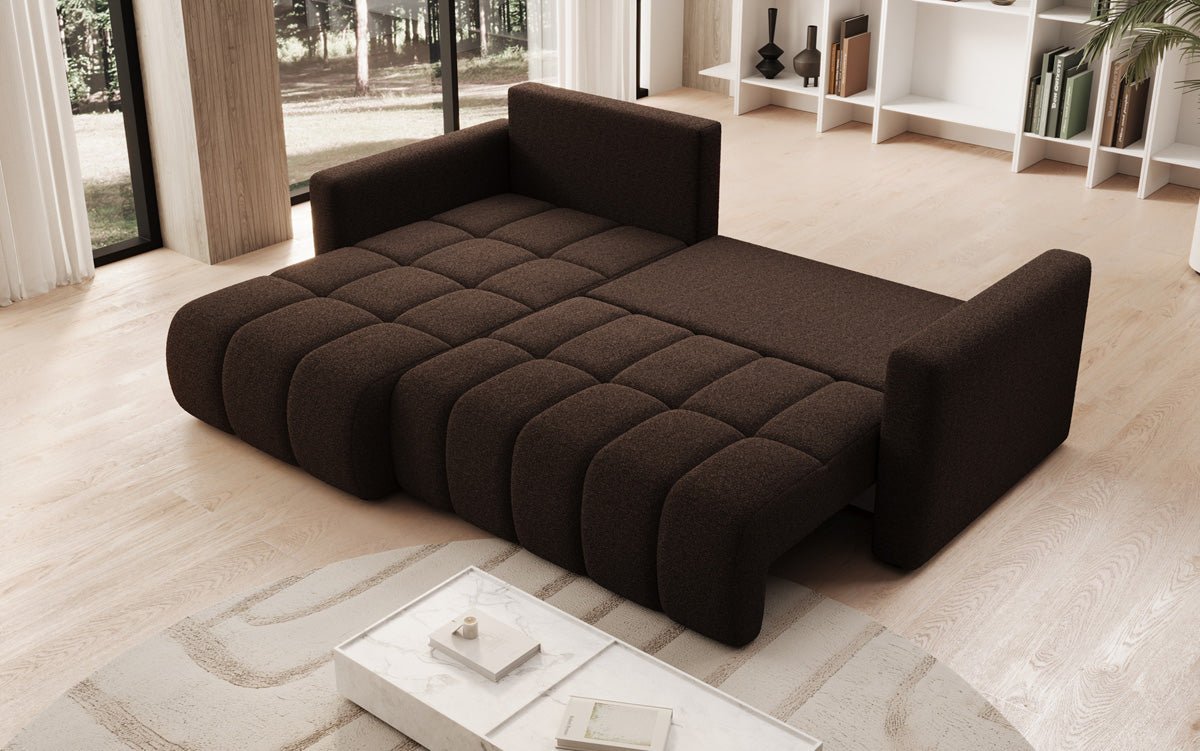 Designer sofa Beatrice L with sleeping and folding function in bouclé
