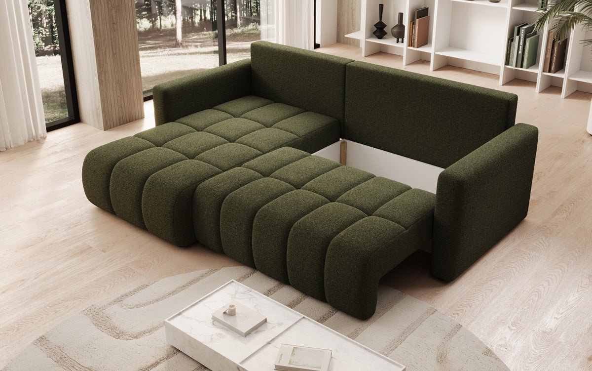Designer sofa Beatrice L with sleeping and folding function in bouclé
