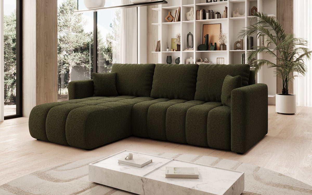 Designer sofa Beatrice L with sleeping and folding function in bouclé