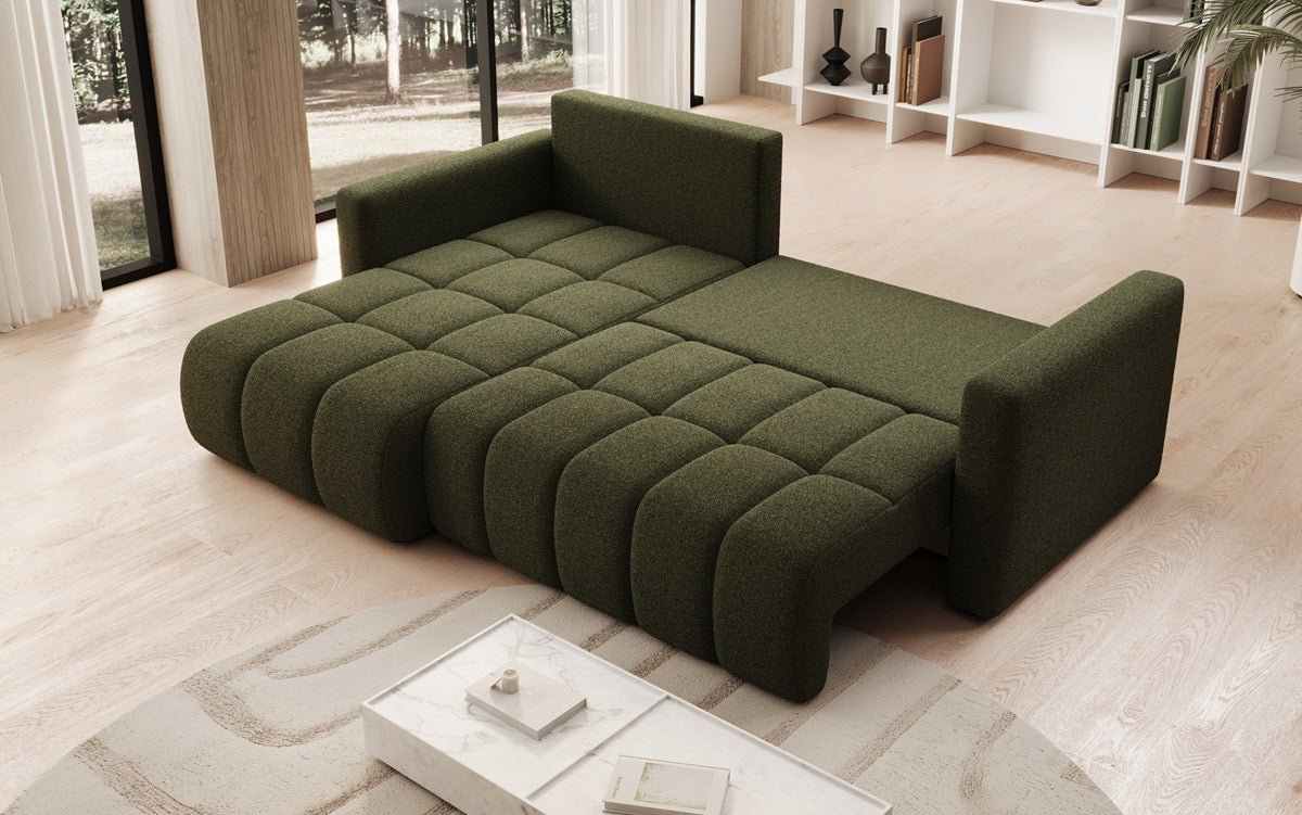 Designer sofa Beatrice L with sleeping and folding function in bouclé