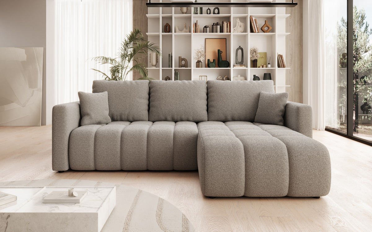 Designer sofa Beatrice L with sleeping and folding function in bouclé