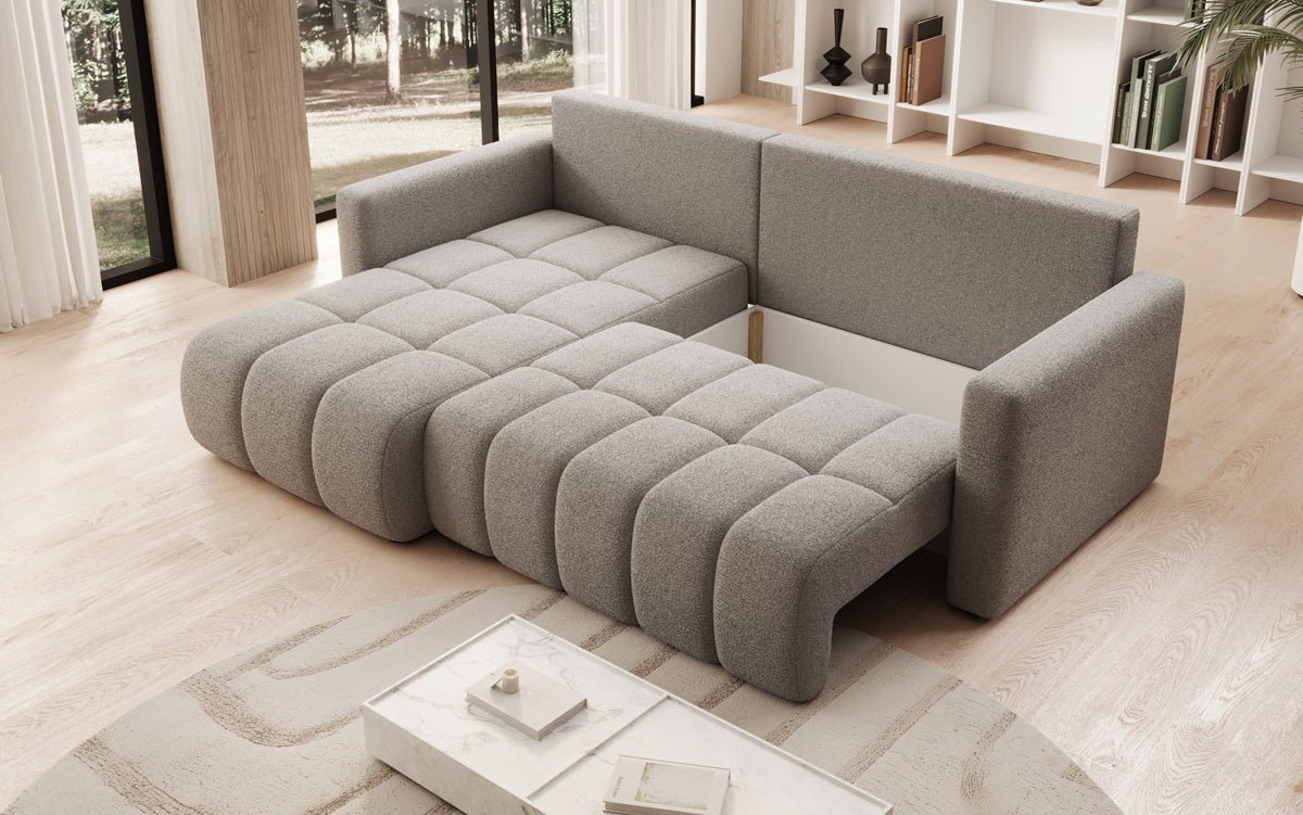 Designer sofa Beatrice L with sleeping and folding function in bouclé