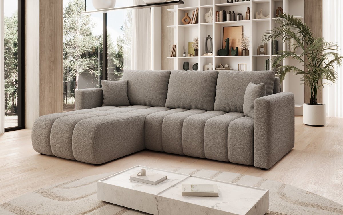 Designer sofa Beatrice L with sleeping and folding function in bouclé