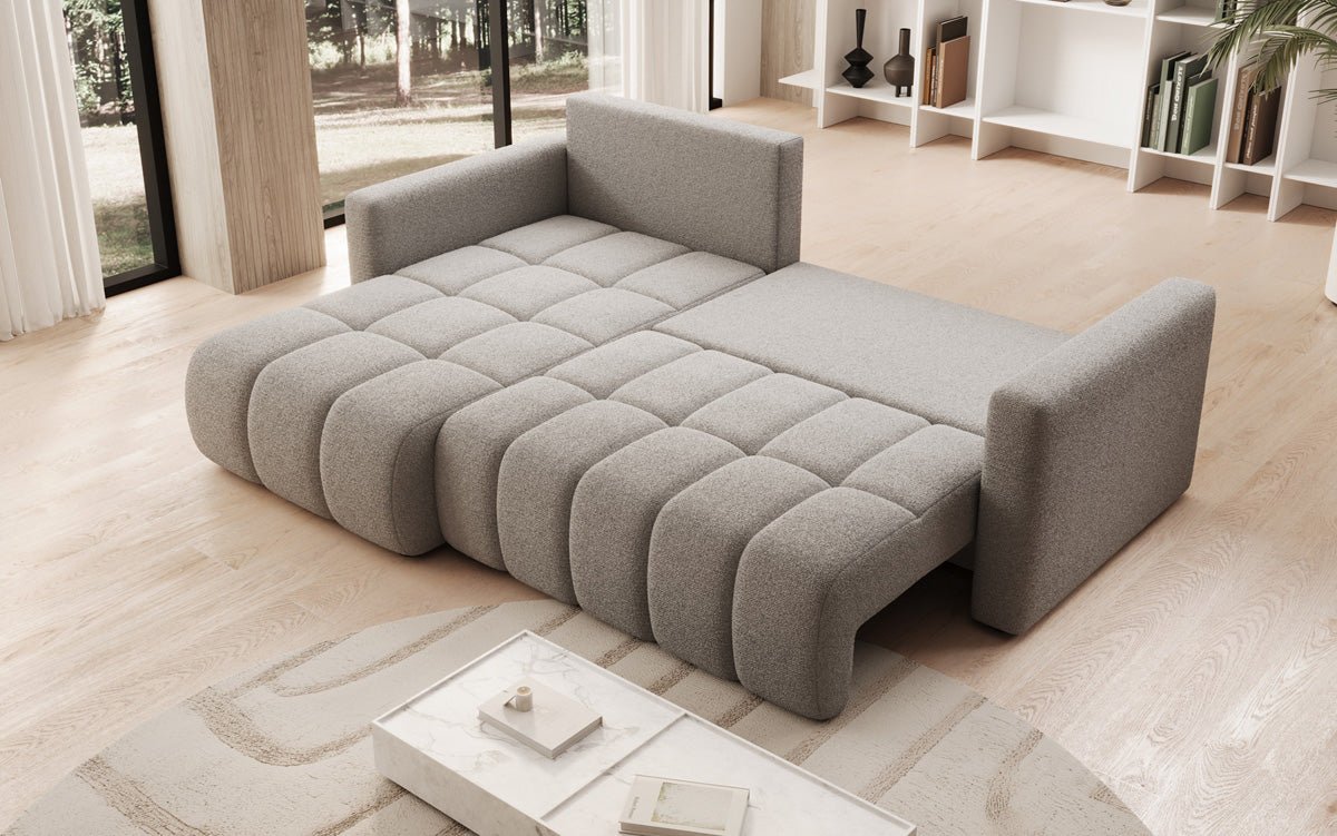 Designer sofa Beatrice L with sleeping and folding function in bouclé