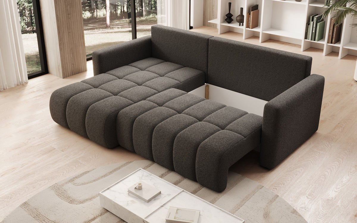 Designer sofa Beatrice L with sleeping and folding function in bouclé