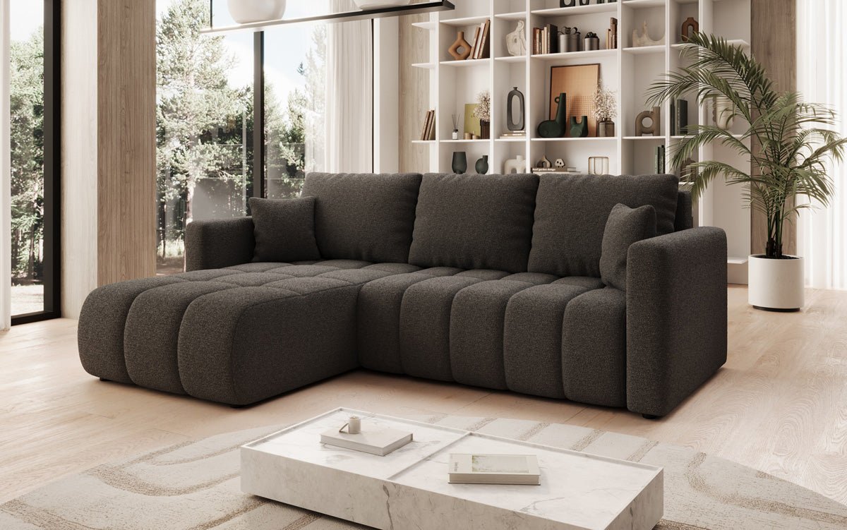 Designer sofa Beatrice L with sleeping and folding function in bouclé
