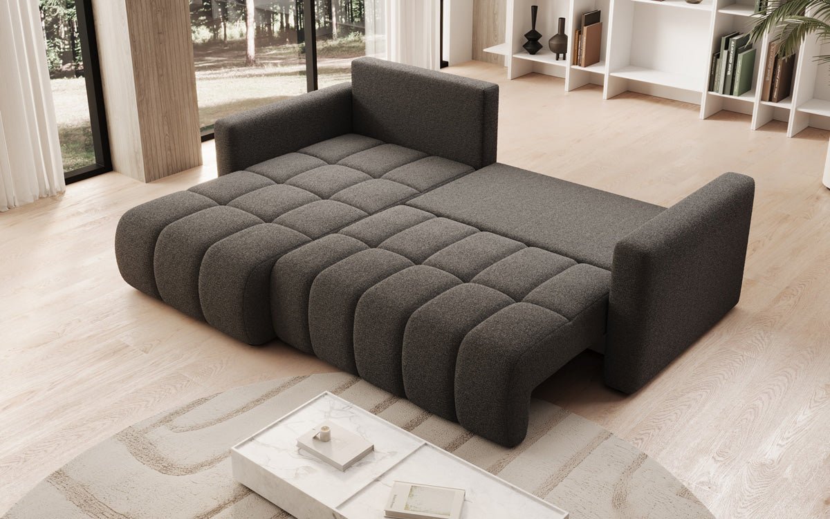 Designer sofa Beatrice L with sleeping and folding function in bouclé