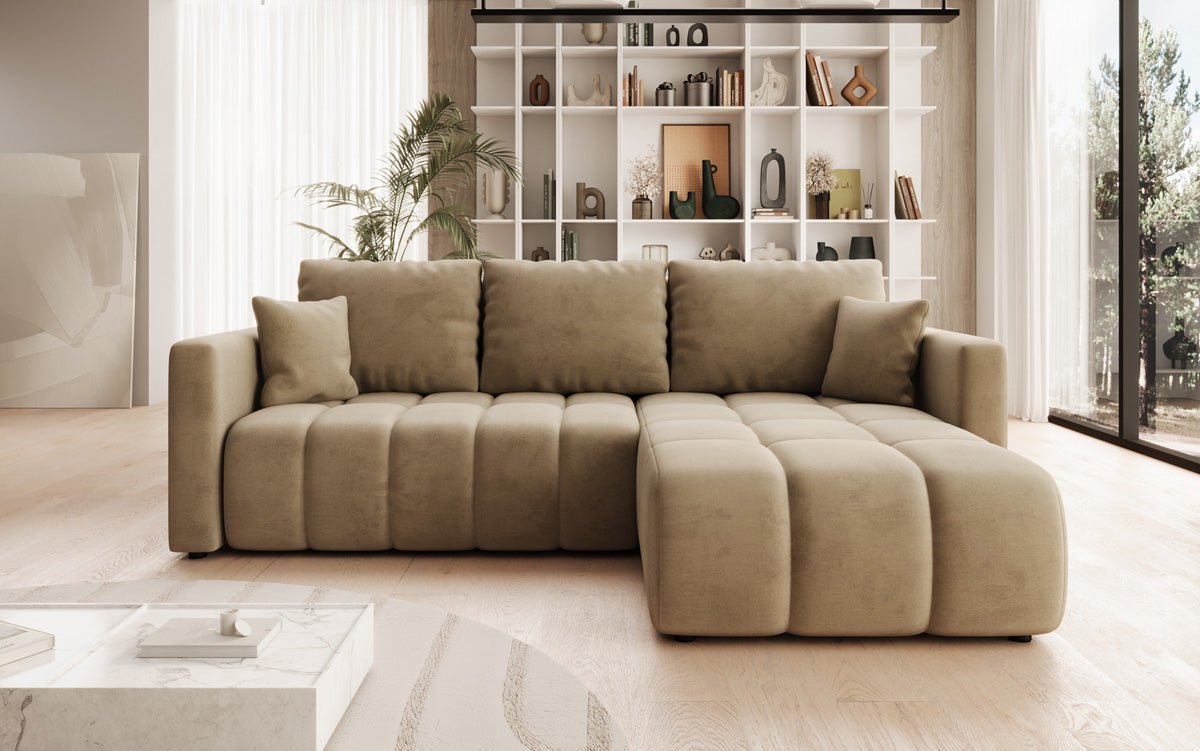 Designer sofa Beatrice L with sleeping and folding function in velvet