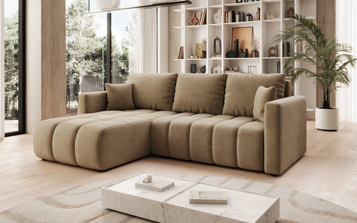 Designer sofa Beatrice L with sleeping and folding function in velvet