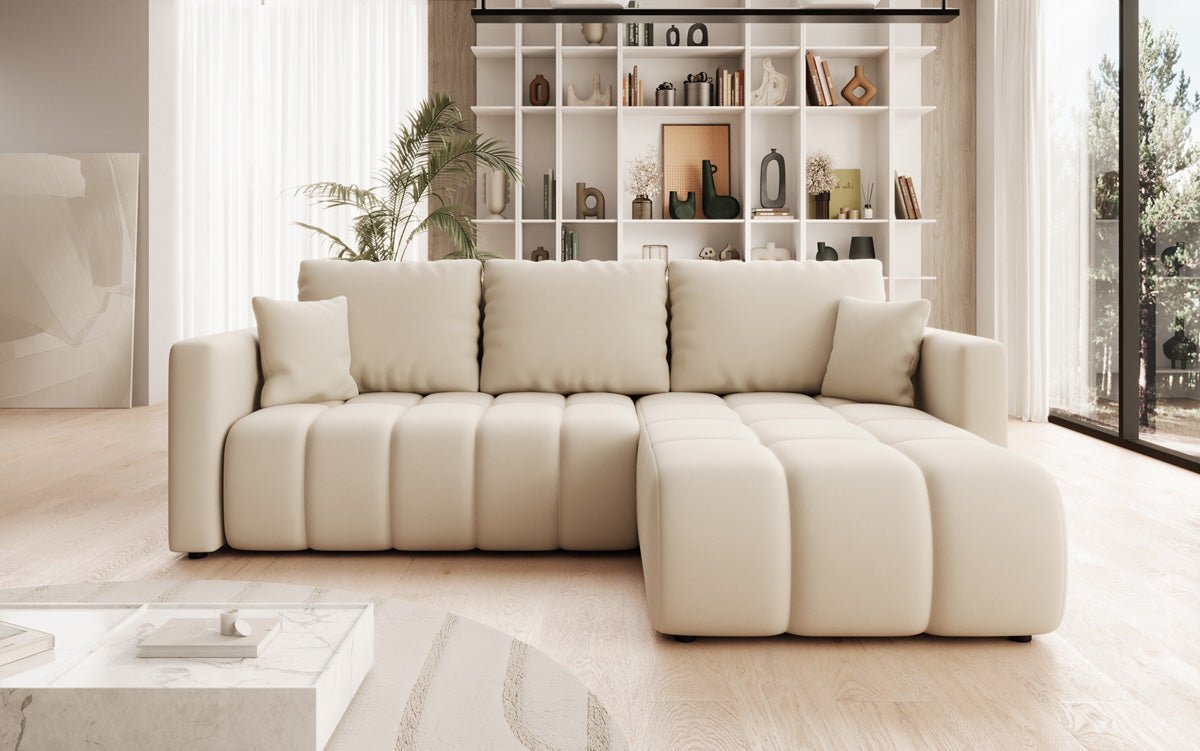 Designer sofa Beatrice L with sleeping and folding function in fabric