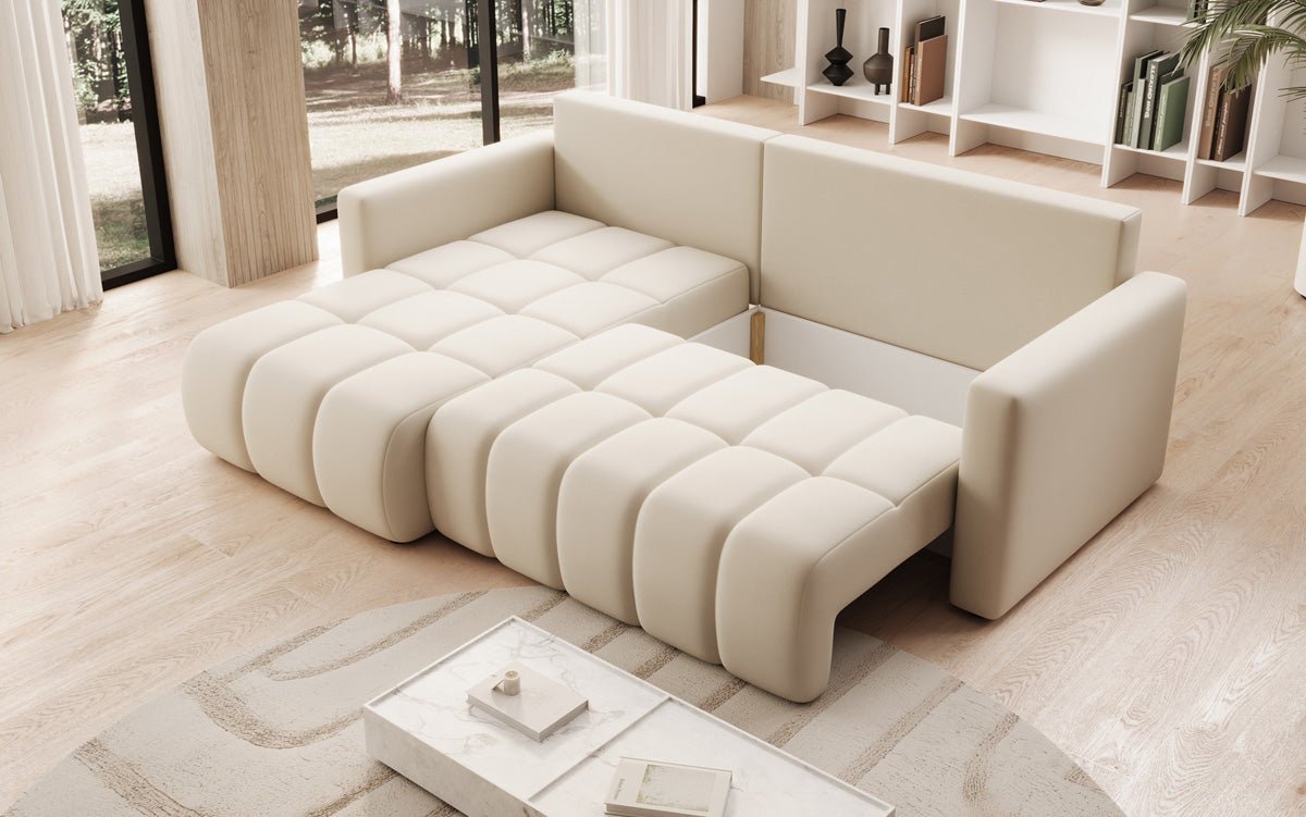 Designer sofa Beatrice L with sleeping and folding function in fabric