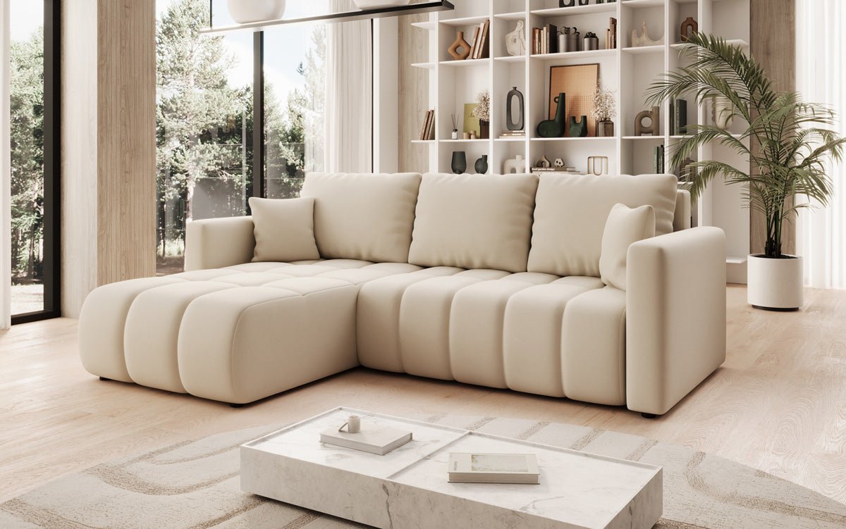 Designer sofa Beatrice L with sleeping and folding function in fabric