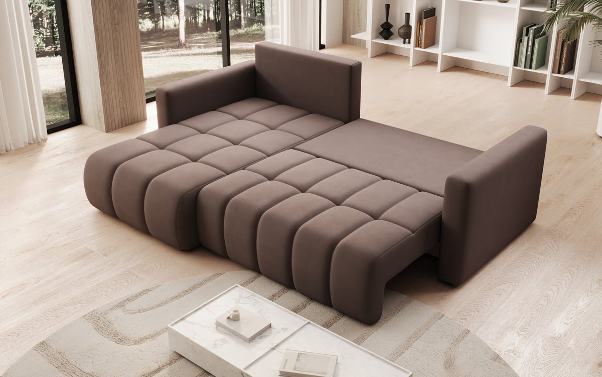 Designer sofa Beatrice L with sleeping and folding function in fabric