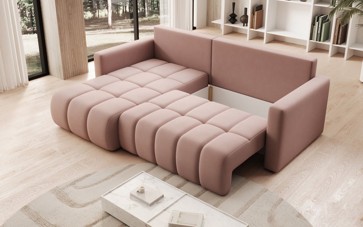 Designer sofa Beatrice L with sleeping and folding function in fabric