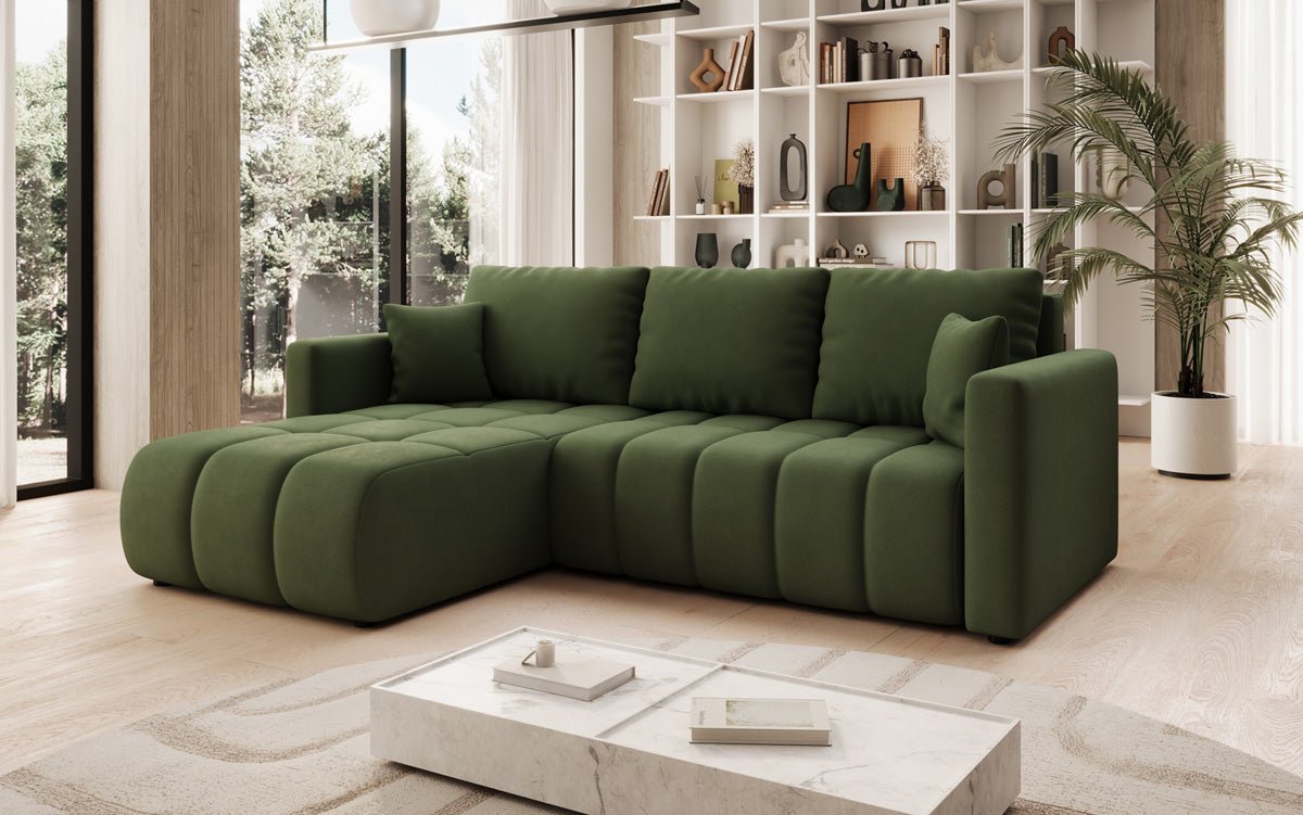 Designer sofa Beatrice L with sleeping and folding function in fabric