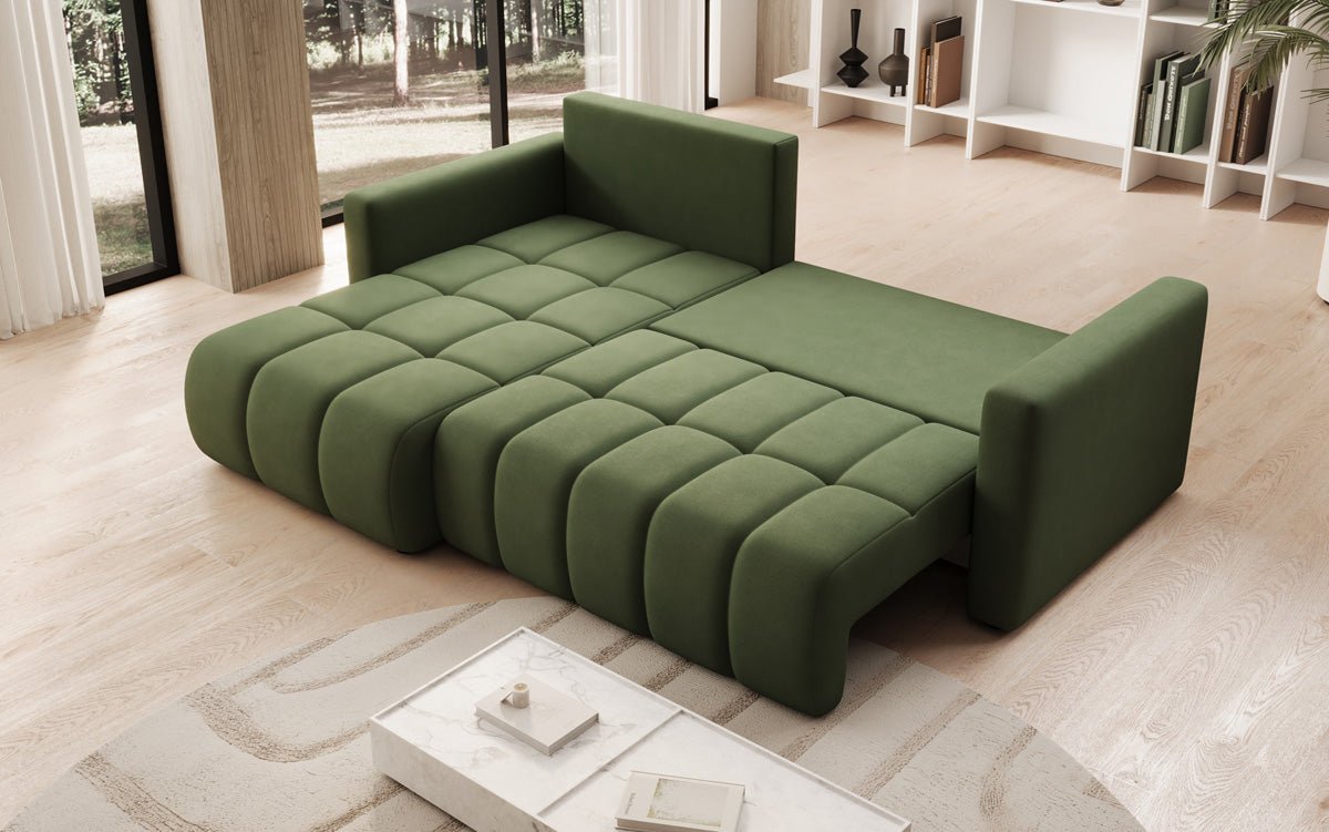 Designer sofa Beatrice L with sleeping and folding function in fabric