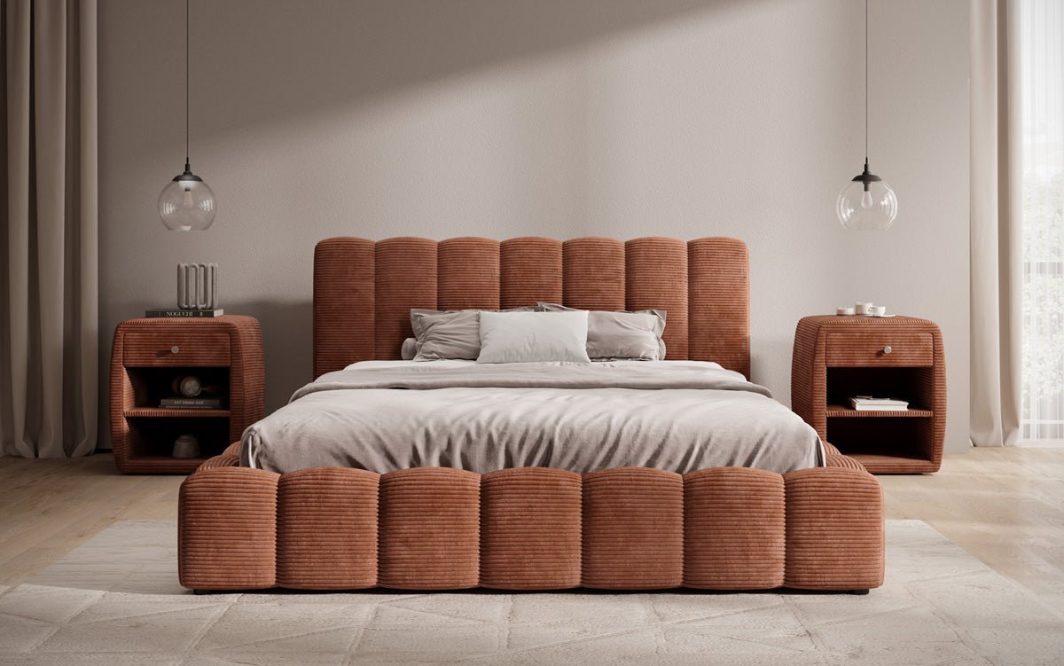 Designer Polsterbett Nuveo in Cord mit Stauraum