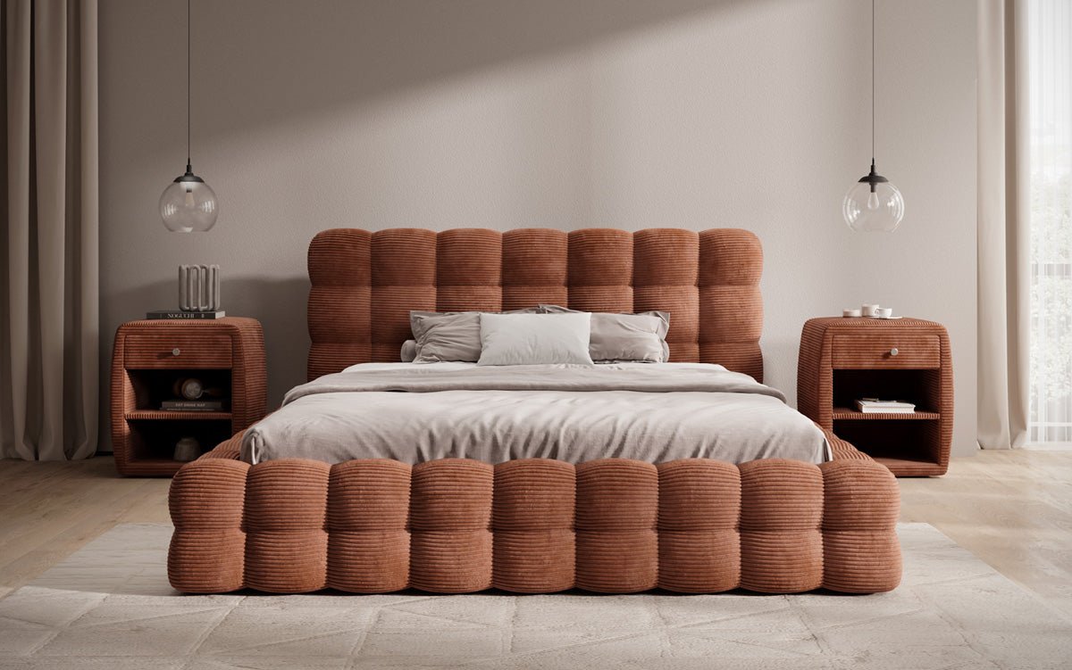 Designer Upholstered Bed Calimo in Corduroy with Storage Space