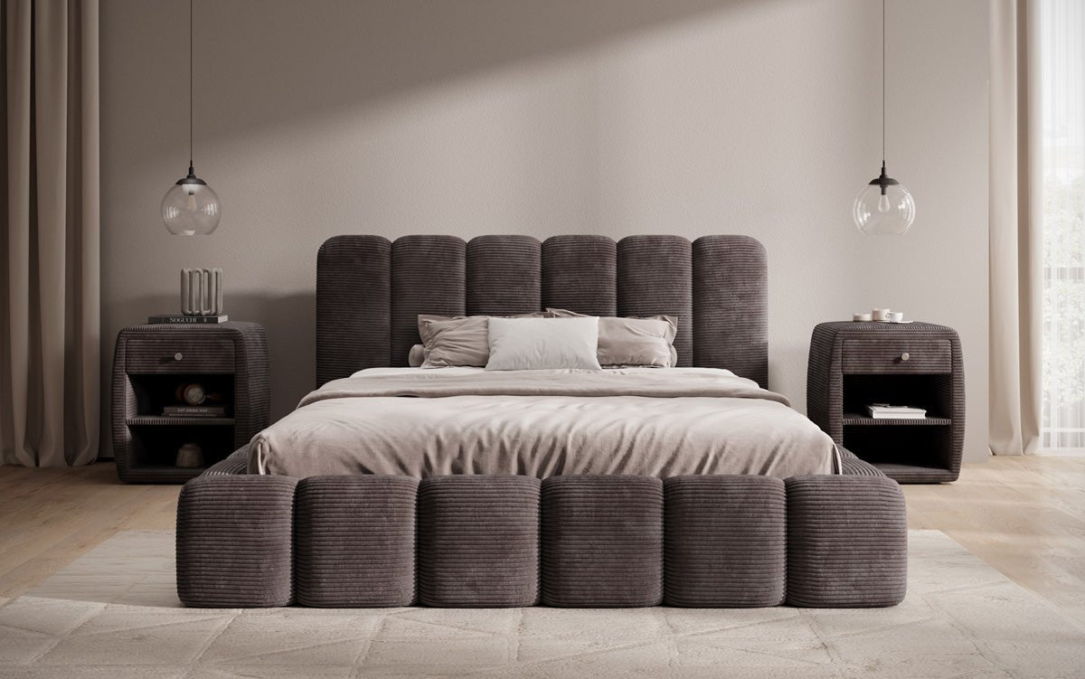 Designer upholstered bed Tevara in corduroy with storage space