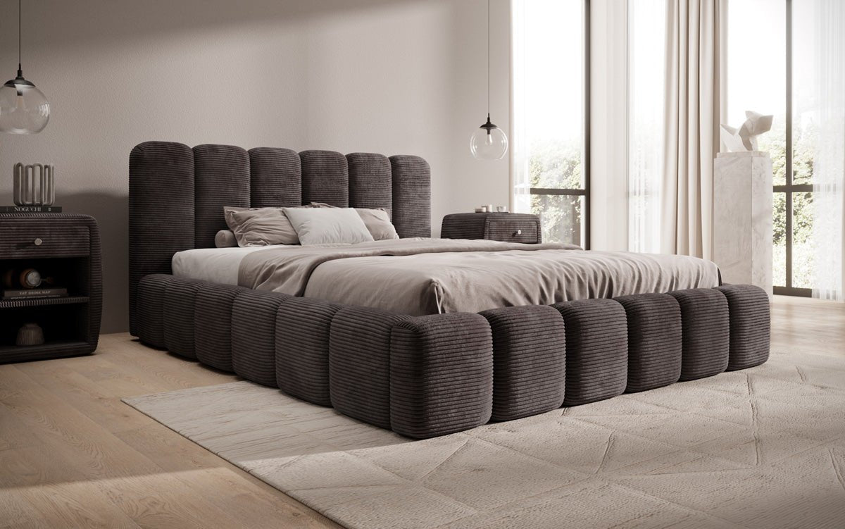 Designer upholstered bed Tevara in corduroy with storage space