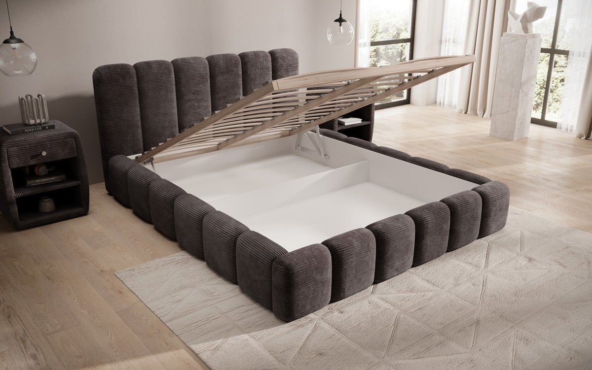 Designer upholstered bed Tevara in corduroy with storage space