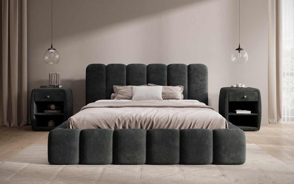 Designer upholstered bed Tevara in corduroy with storage space