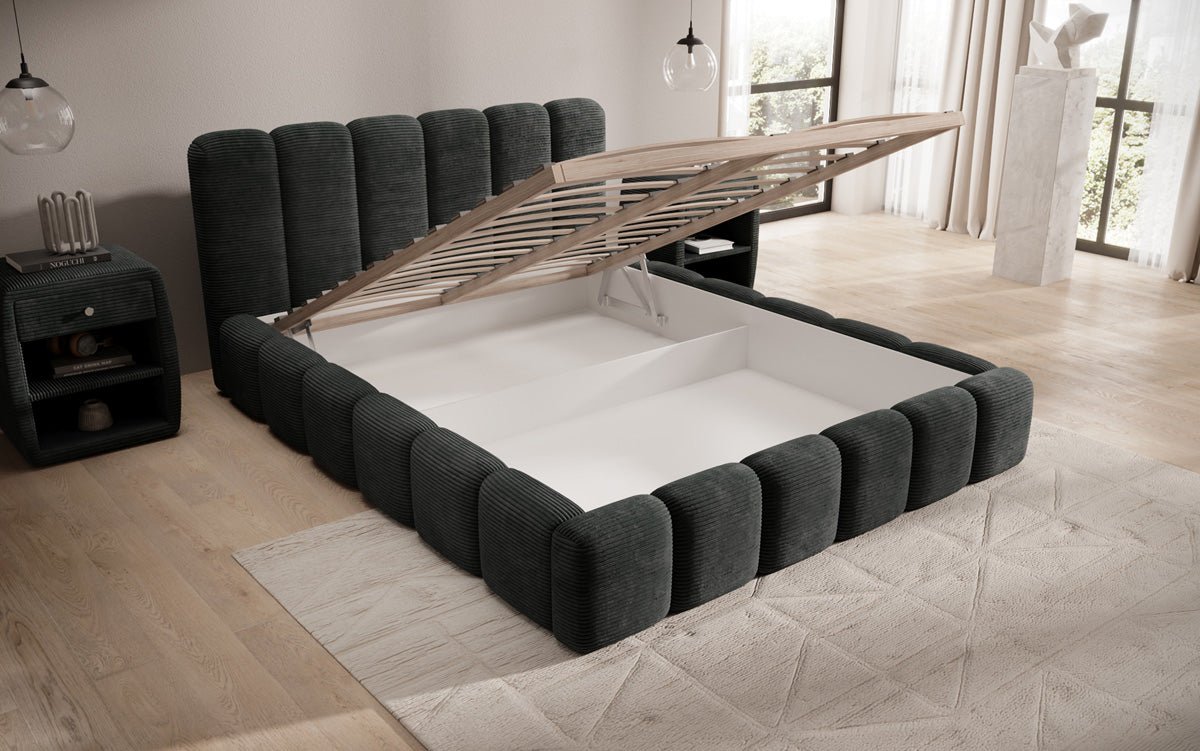Designer upholstered bed Tevara in corduroy with storage space
