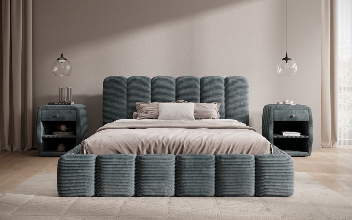 Designer upholstered bed Tevara in corduroy with storage space